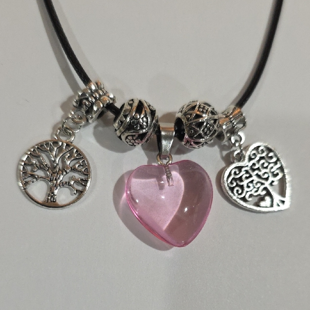 Pink Heart Bead & Silver Charm Necklace – 18" Black Cord Chic Women’s Jewelry - Picture 4 of 8